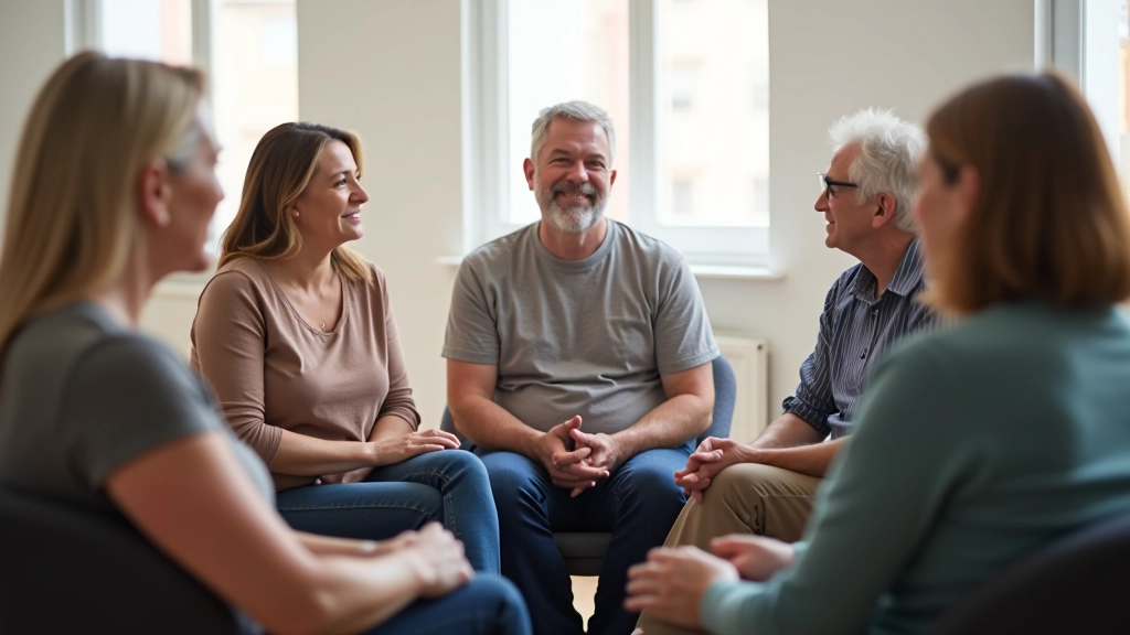 Group of people in casual clothing sitting in circle during discussion in bright community room with natural light