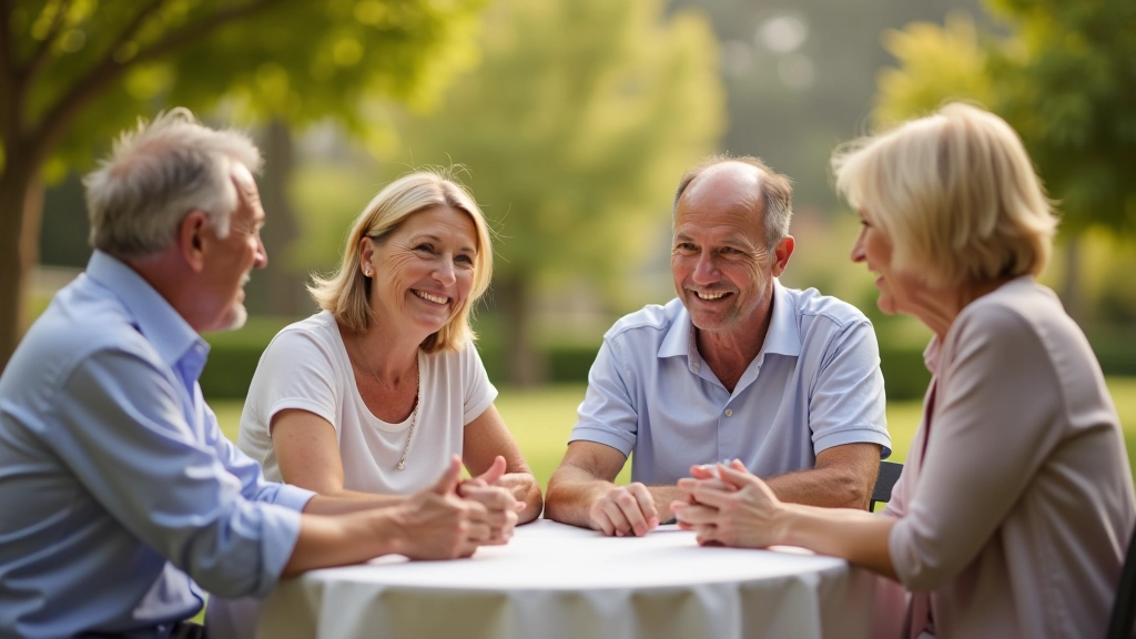 Group of mature adults engaged in conversation at outdoor table, natural lighting, warm community atmosphere, candid moment