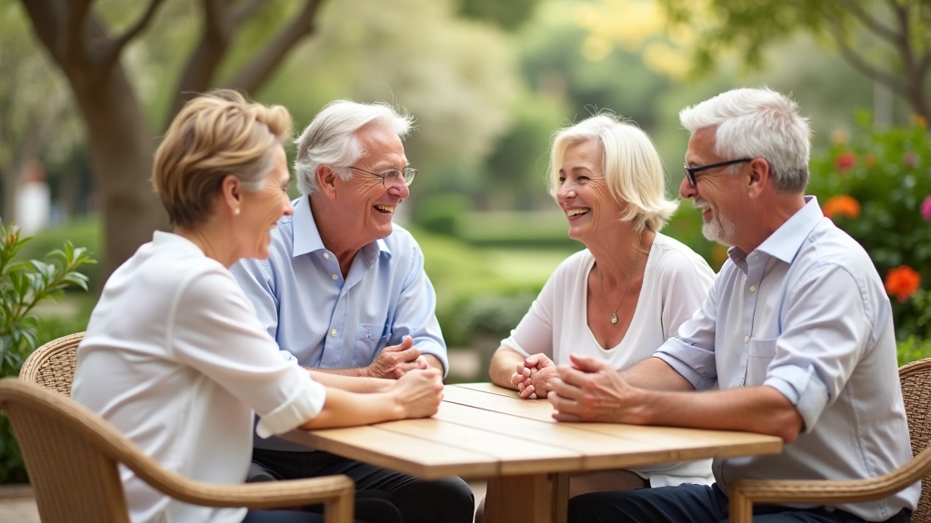 Group of mature adults laughing together at outdoor cafe table with coffee cups