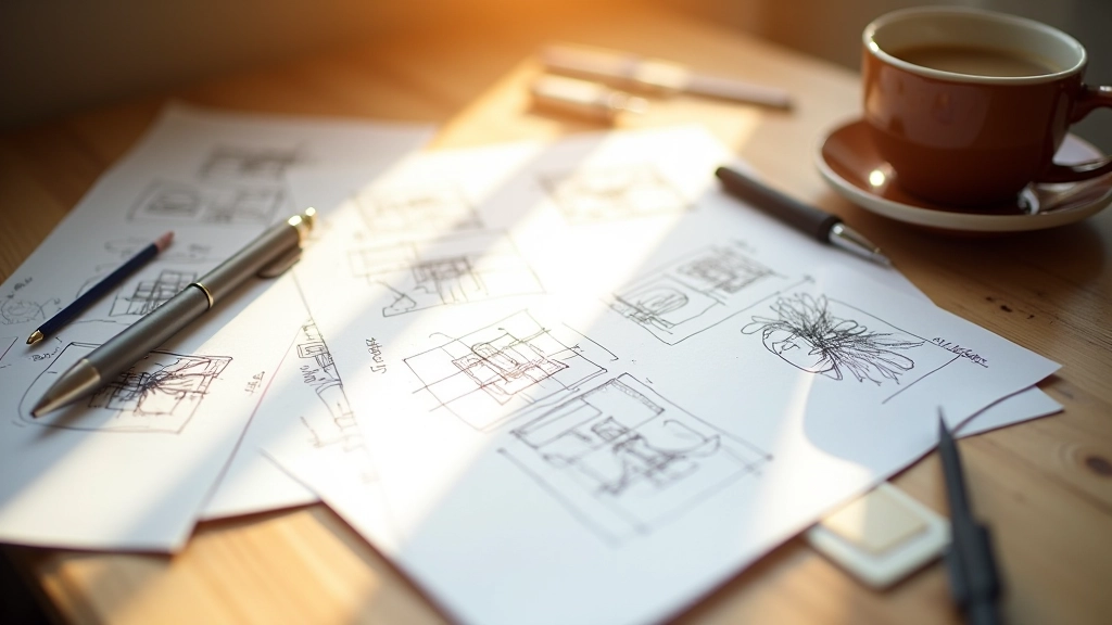 Handwritten notes and sketches on wooden table with coffee cup, planning session materials, overhead view, warm lighting