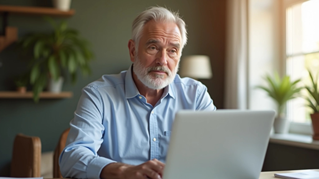 Man aged 50 at desk with laptop, thoughtful expression, morning light through window, modern home office setup