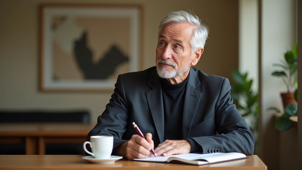 Person at wooden desk with journal and coffee cup, morning light from window, thoughtful expression, portrait from chest up