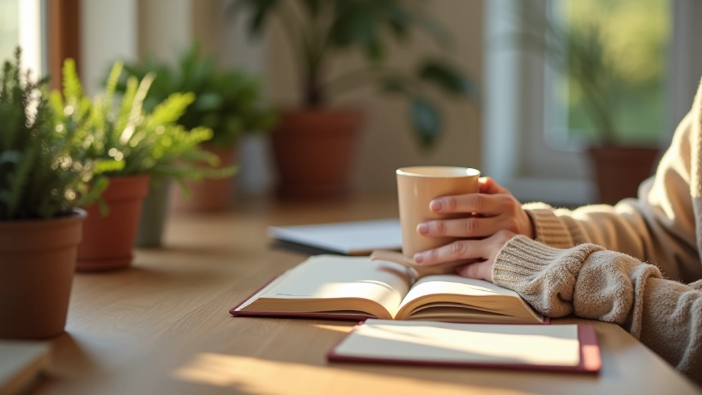 Person's hands holding cup of tea at table with open book, cozy home setting with plants visible, afternoon light