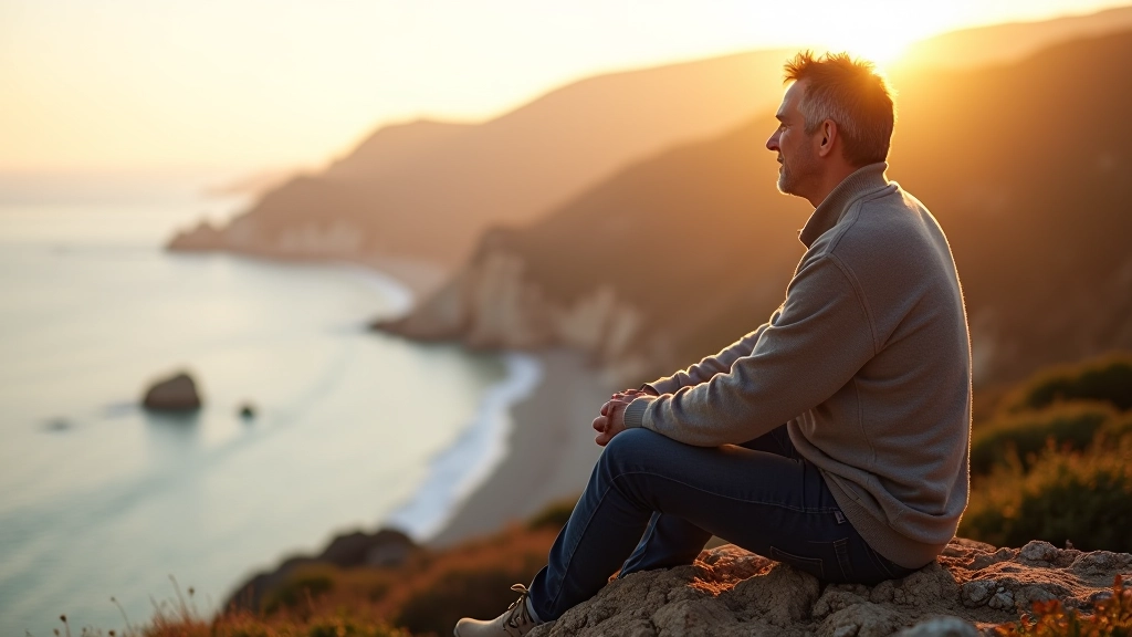 Person aged 50 in professional setting, contemplative pose, soft natural lighting