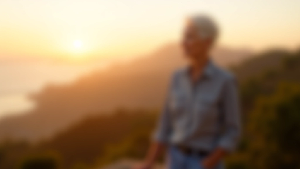 Person looking at horizon from scenic overlook, contemplative pose with arms relaxed, natural landscape background, soft golden hour lighting