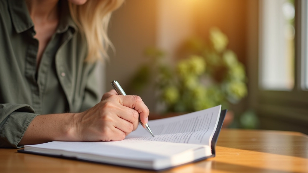 Mature person writing in journal at wooden table with warm lighting, reflective moment captured in peaceful setting
