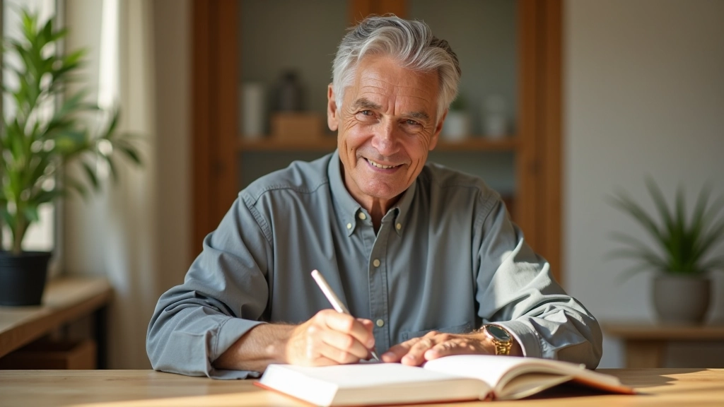 Person writing in journal at desk with natural light, reflective moment, workspace with personal items, portrait from chest up