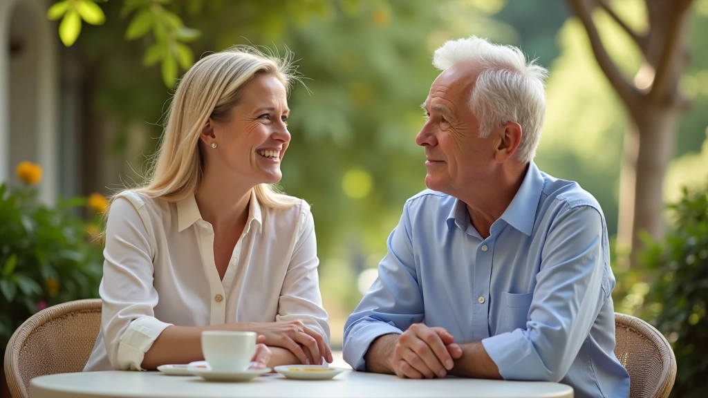 Two mature professionals in conversation at outdoor café, engaged and smiling, natural daytime lighting with green background