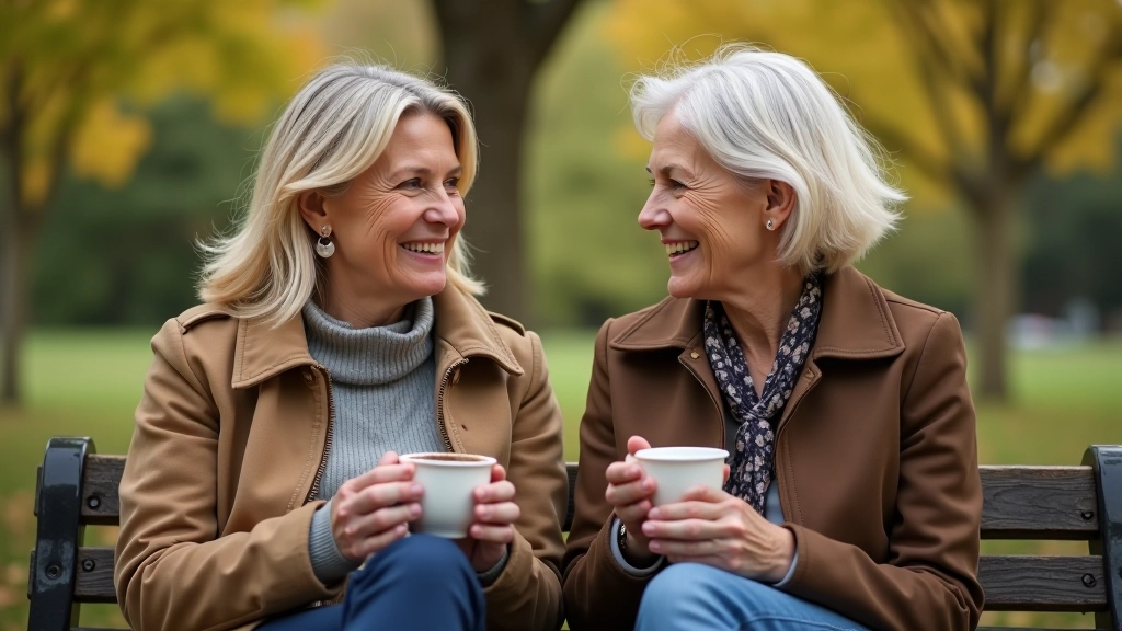 Two women aged 50s sitting on bench outdoors with coffee cups, smiling at each other in conversation, park setting with soft natural light