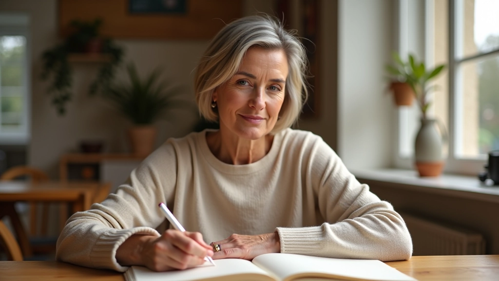 Woman seated at wooden table with open journal and pen, thoughtful expression, natural window lighting from side