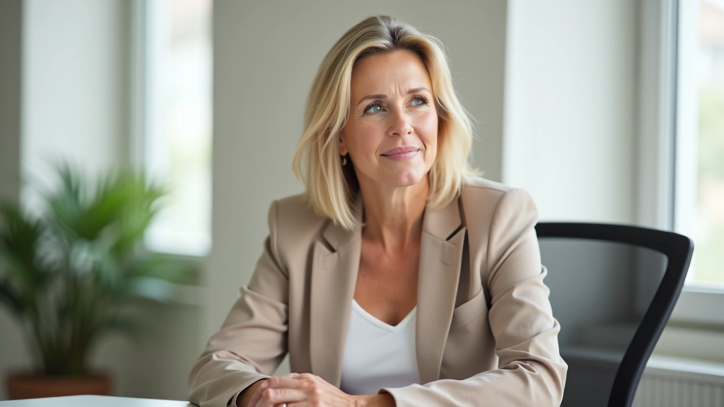 Middle-aged professional woman sitting at modern desk with notepad and coffee cup, thoughtful expression, bright natural lighting