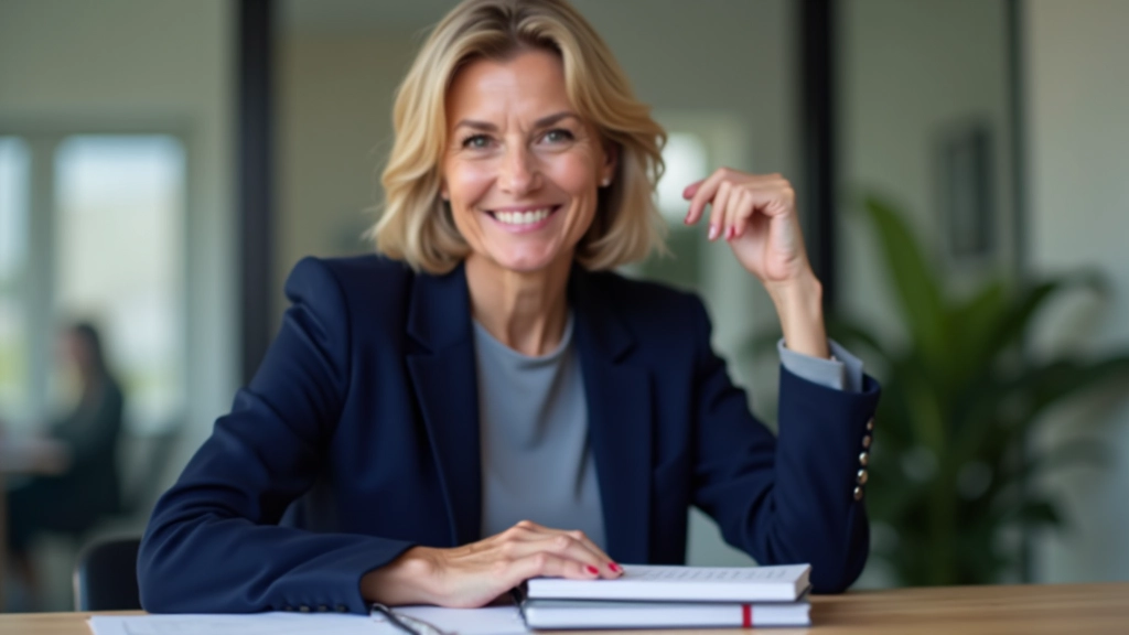 Professional woman aged 50 in blazer at desk with notebook, focused expression, modern office with natural lighting