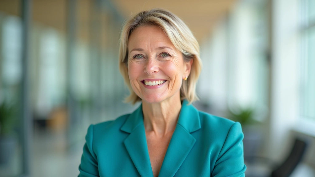 Portrait of female coach with engaging expression, light background, professional photo